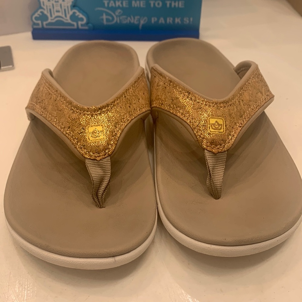 Gold Spenco cork flip flops